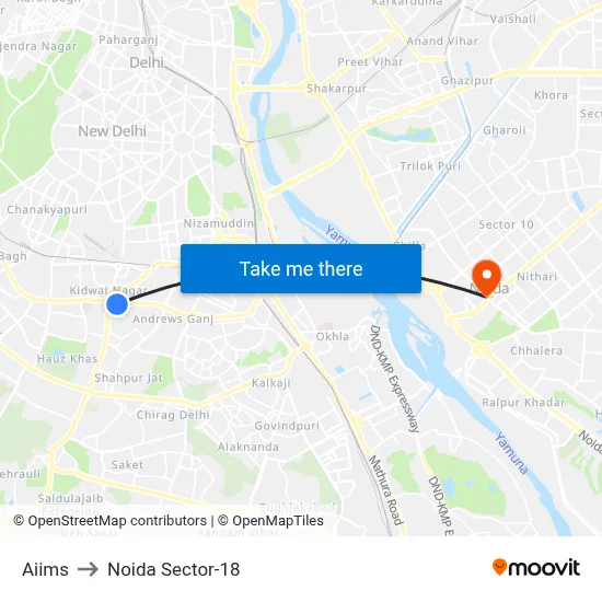 Aiims to Noida Sector-18 map