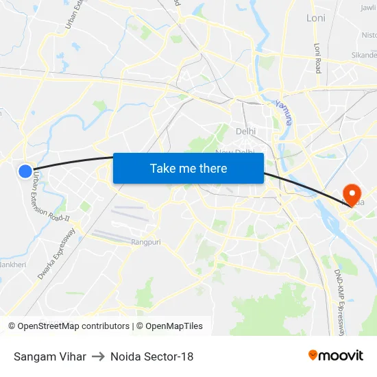 Sangam Vihar to Noida Sector-18 map