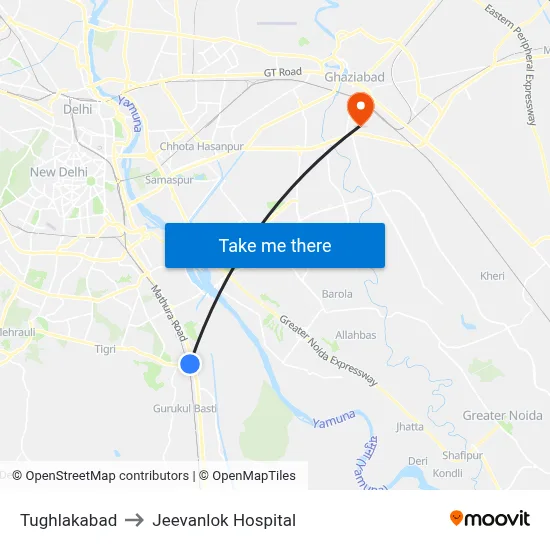 Tughlakabad to Jeevanlok Hospital map