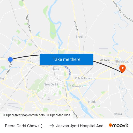 Peera Garhi Chowk (Outer Ring Road) to Jeevan Jyoti Hospital And Diagnostic Centre map