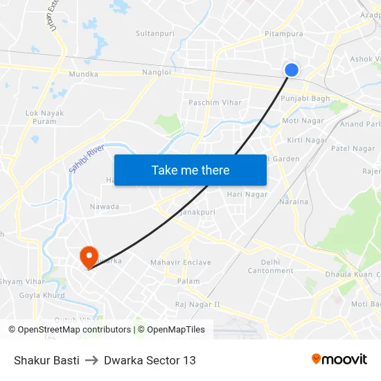 Shakur Basti to Dwarka Sector 13 map