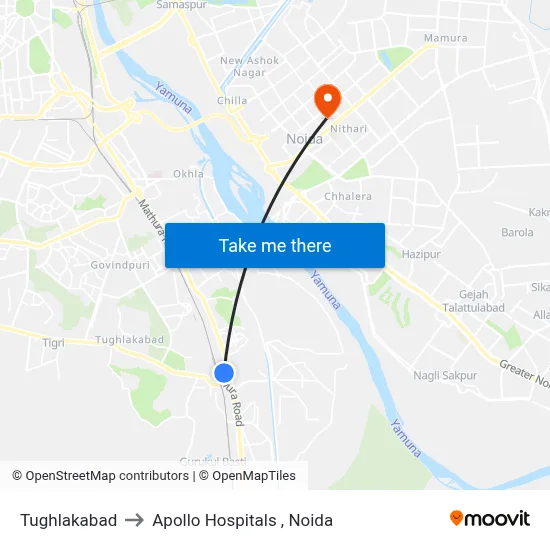 Tughlakabad to Apollo Hospitals , Noida map