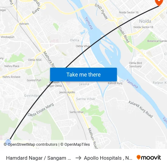 Hamdard Nagar / Sangam Vihar to Apollo Hospitals , Noida map