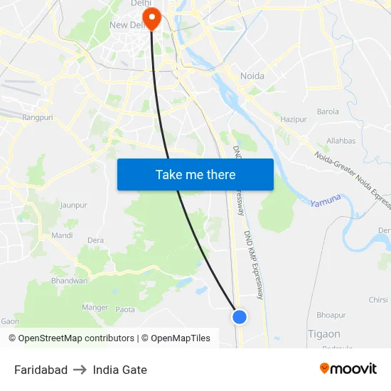 Faridabad to India Gate map