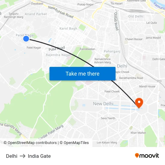 Delhi to India Gate map