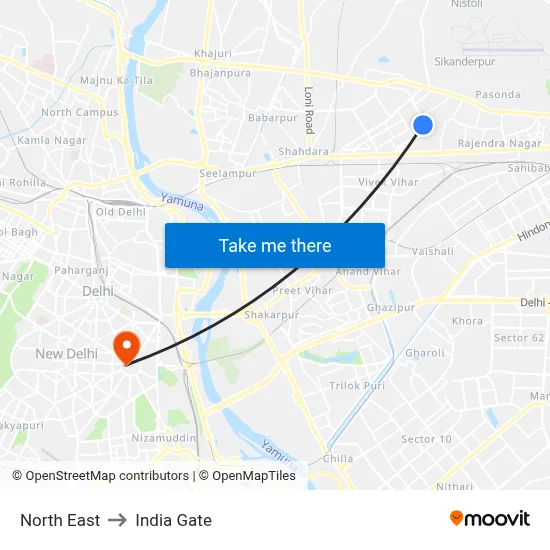 नॉर्थ ईस्ट to इंडिया गेट map
