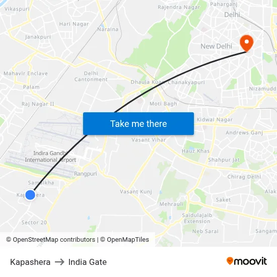 Kapashera to India Gate map