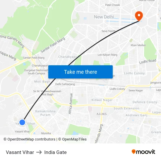 Vasant Vihar to India Gate map