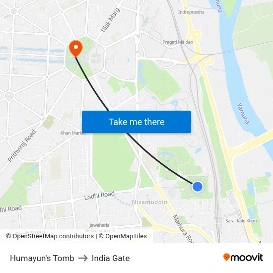Humayun's Tomb to India Gate map