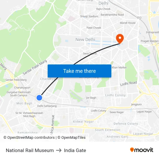 National Rail Museum to India Gate map