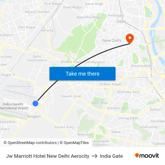 Jw Marriott Hotel New Delhi Aerocity to India Gate map