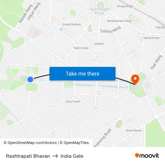 Rashtrapati Bhavan to India Gate map