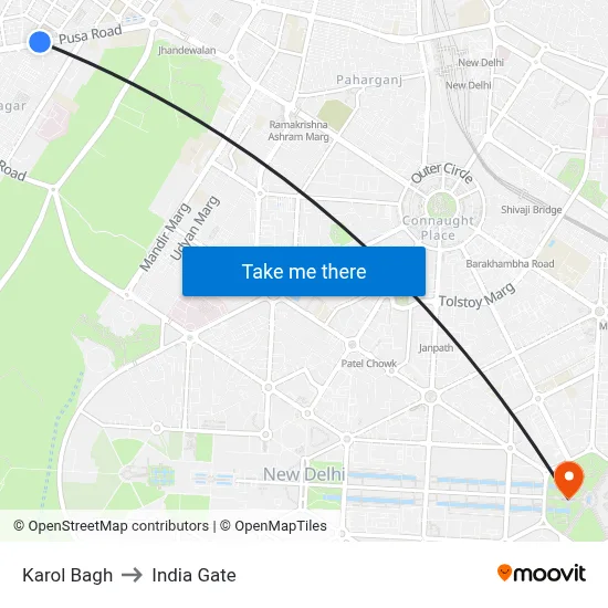 Karol Bagh to India Gate map