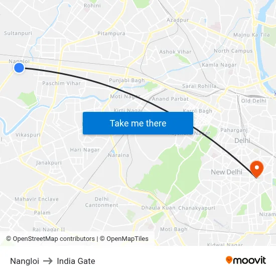 Nangloi to India Gate map