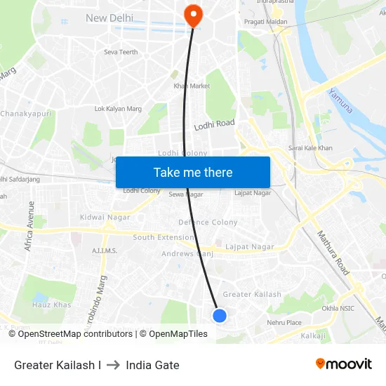 Greater Kailash I to India Gate map