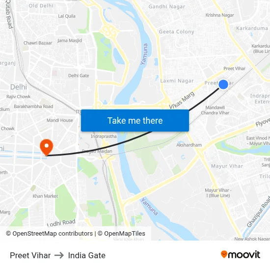 Preet Vihar to India Gate map