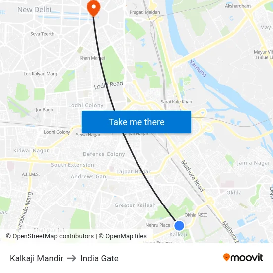 Kalkaji Mandir to India Gate map