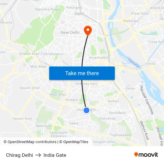 Chirag Delhi to India Gate map
