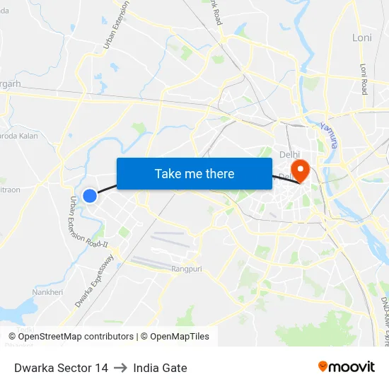 Dwarka Sector 14 to India Gate map