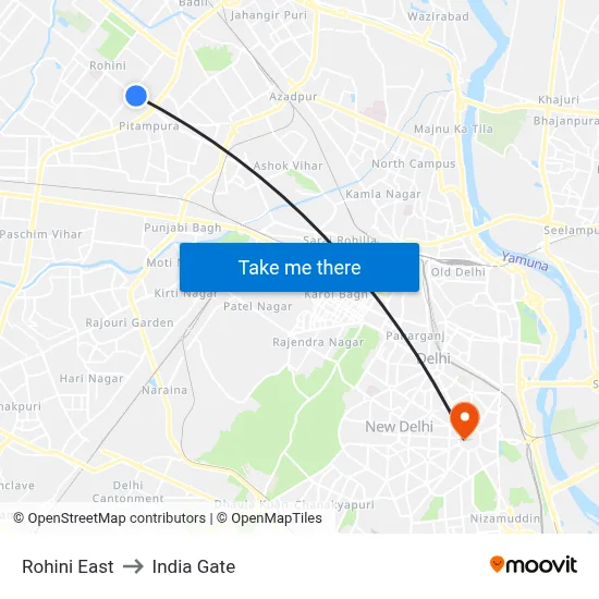 Rohini East to India Gate map