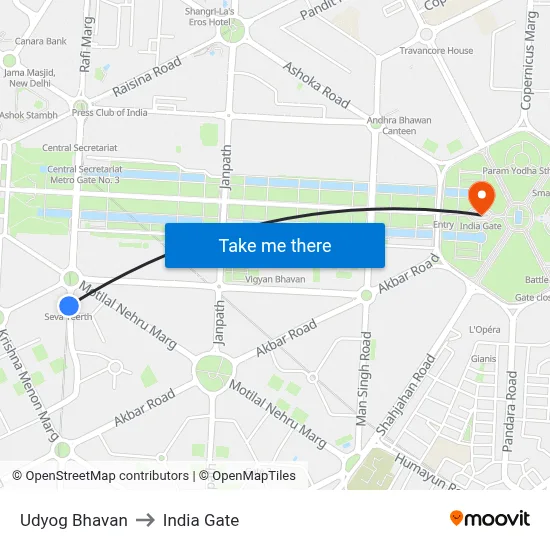 Udyog Bhavan to India Gate map