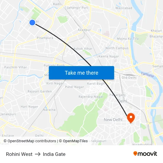 Rohini West to India Gate map
