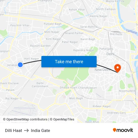 Dilli Haat to India Gate map