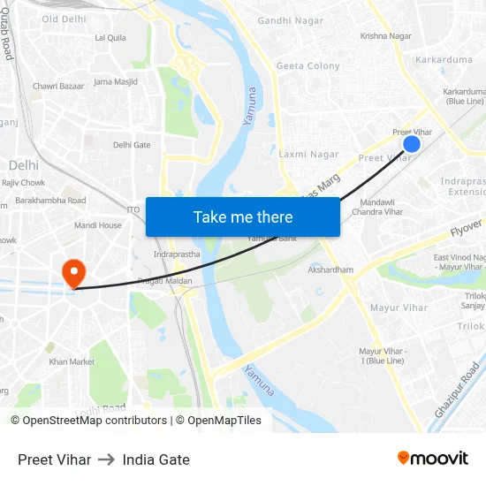 Preet Vihar to India Gate map