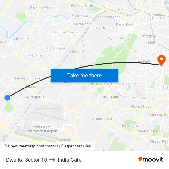 Dwarka Sector 10 to India Gate map