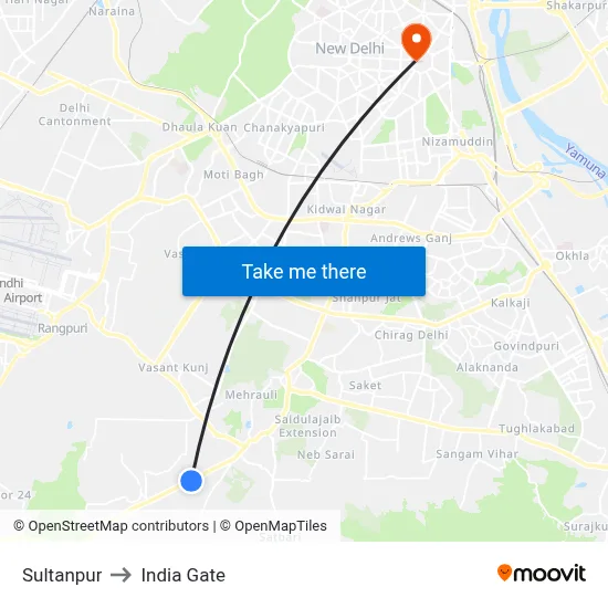 Sultanpur to India Gate map