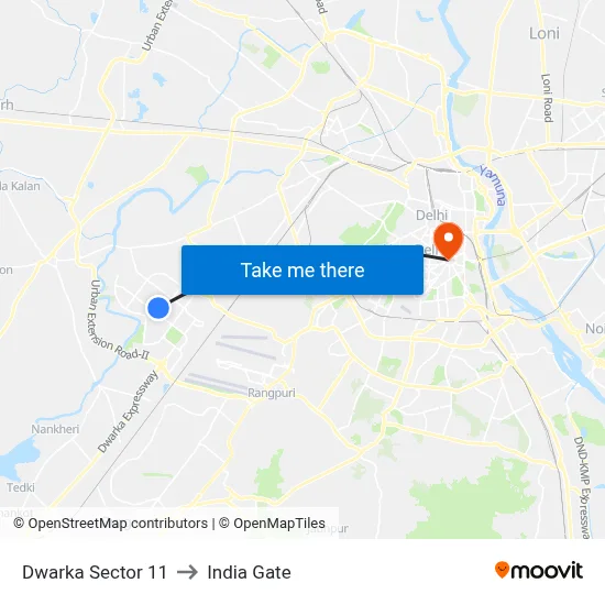 Dwarka Sector 11 to India Gate map