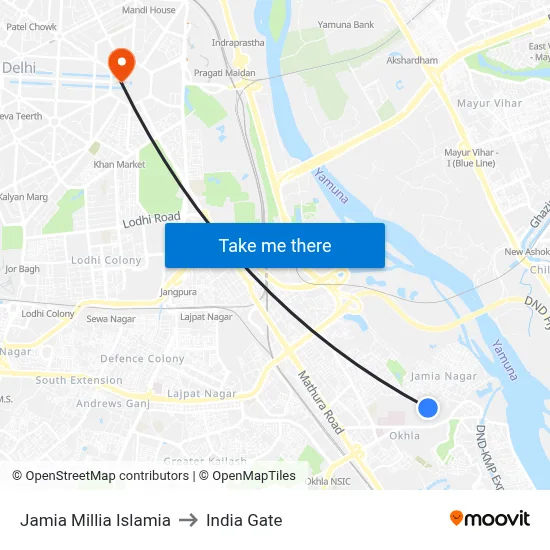 Jamia Millia Islamia to India Gate map