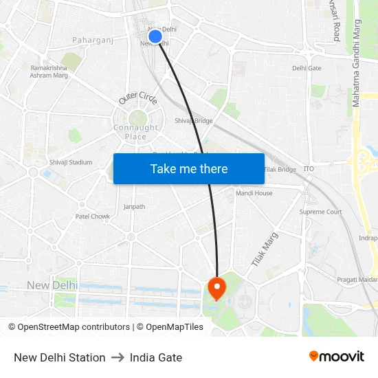New Delhi Station to India Gate map