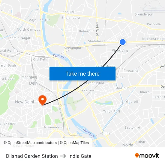 Dilshad Garden Station to India Gate map