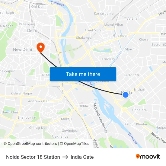 Noida Sector 18 Station to India Gate map