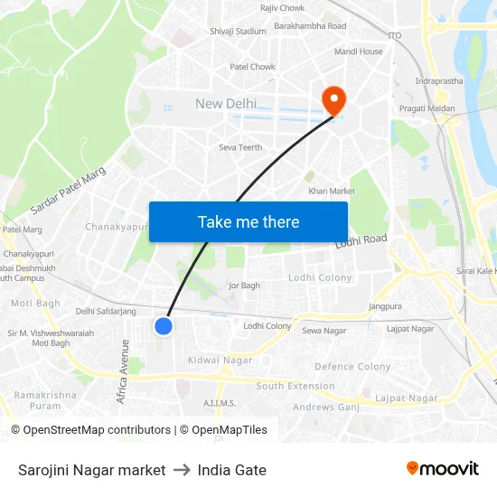 Sarojini Nagar market to India Gate map