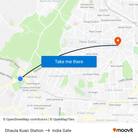 Dhaula Kuan Station to India Gate map