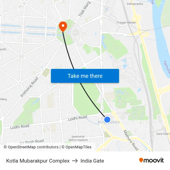 Kotla Mubarakpur Complex to India Gate map