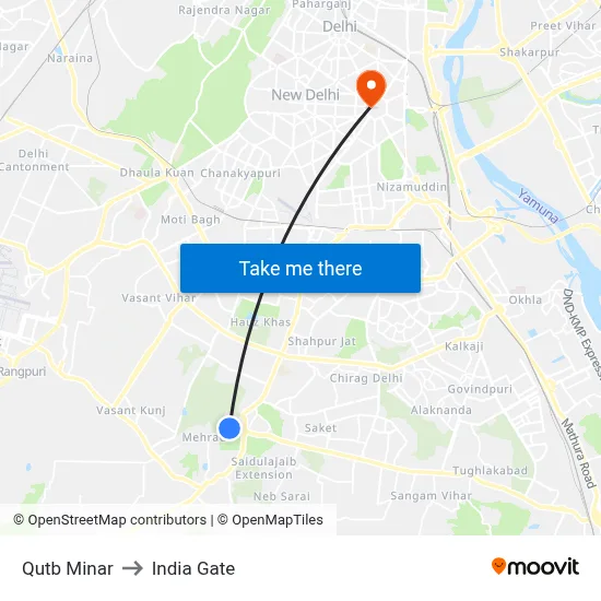 Qutb Minar to India Gate map