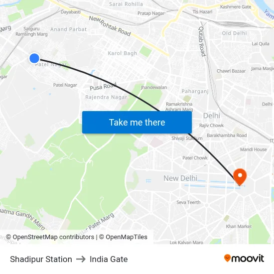 Shadipur Station to India Gate map