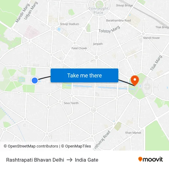 Rashtrapati Bhavan Delhi to India Gate map