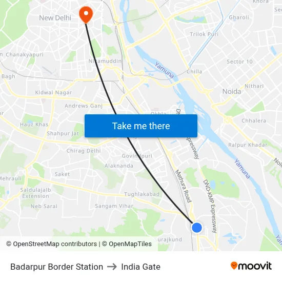 Badarpur Border Station to India Gate map