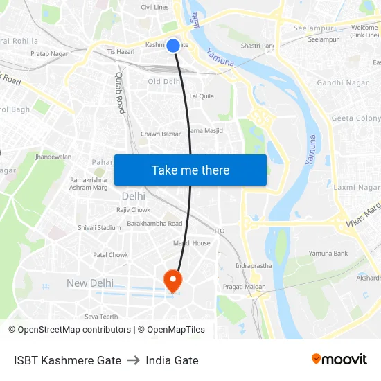 ISBT Kashmere Gate to India Gate map