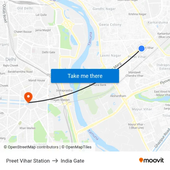 Preet Vihar Station to India Gate map