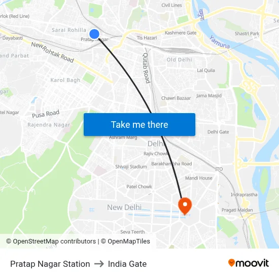 Pratap Nagar Station to India Gate map