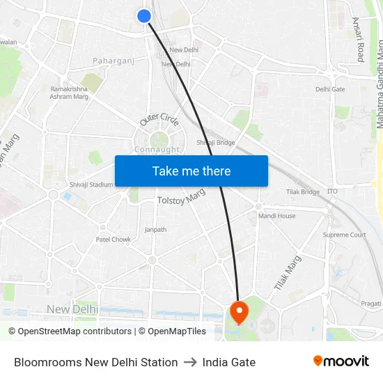 Bloomrooms New Delhi Station to India Gate map