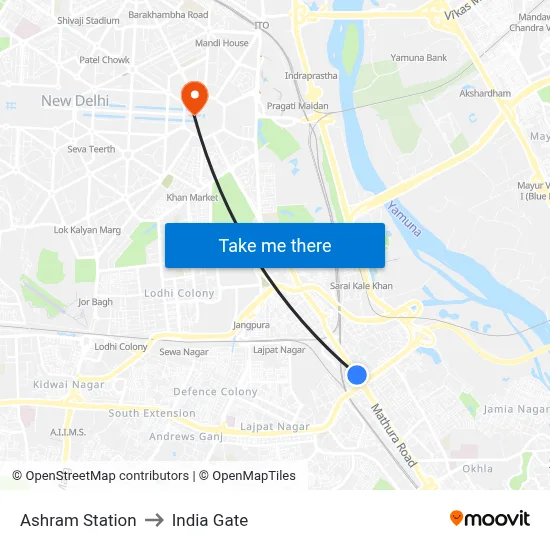 Ashram Station to India Gate map