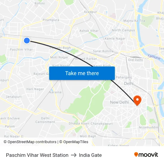 Paschim Vihar West Station to India Gate map