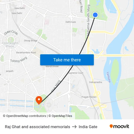 Raj Ghat and associated memorials to India Gate map
