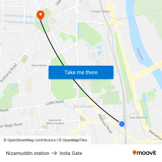 Nizamuddin station to India Gate map